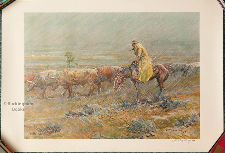 12" X 17 5/8" Color Print Of A Cowboy Watching The Herd During A Storm.  J.K. RALSTON