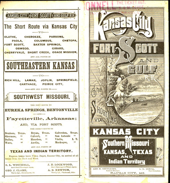 Kansas City, Fort Scott And Gulf Railroad. The Short Line Via Kansas City To Southern Missouri, Kansas, Texas And Indian Territory.  NETTLETON, GEO H. [GENERAL MANAGER].