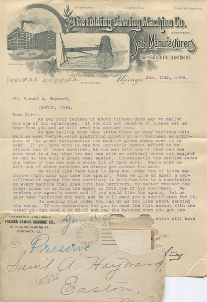 8" X 10 3/4" Typed Letter On The Folding Sawing Machine Co. Inc.'S Stationery, Dated Jan. 10th, 1896 SMITH, FRANK S. [SECY & TREAS]