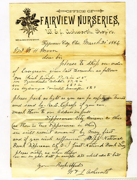 Fairview Nurseries, W. & J. Ashworth, Prop'rs, Miami County, Tippecanoe City, Ohio Hand-Written Letter Dated March 21st, 1884, On Company Stationery FAIRVIEW NURSERIES