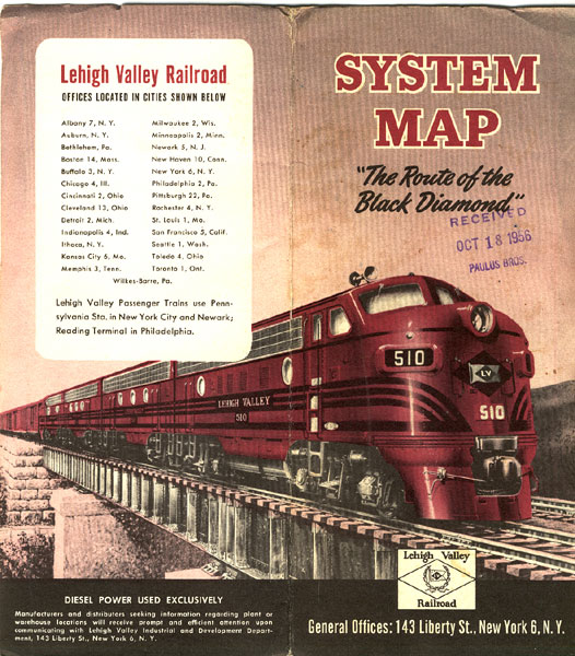 Lehigh Valley Railroad System Map, "The Route Of The Black Diamond" LEHIGH VALLEY RAILROAD