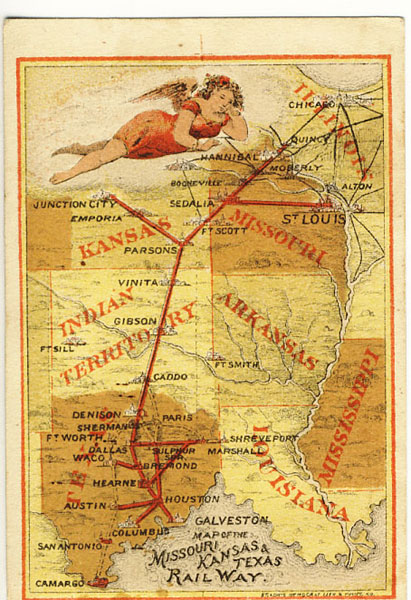 Trade Card. Map Of The Missouri, Kansas & Texas Railway MISSOURI, KANSAS & TEXAS RAILWAY