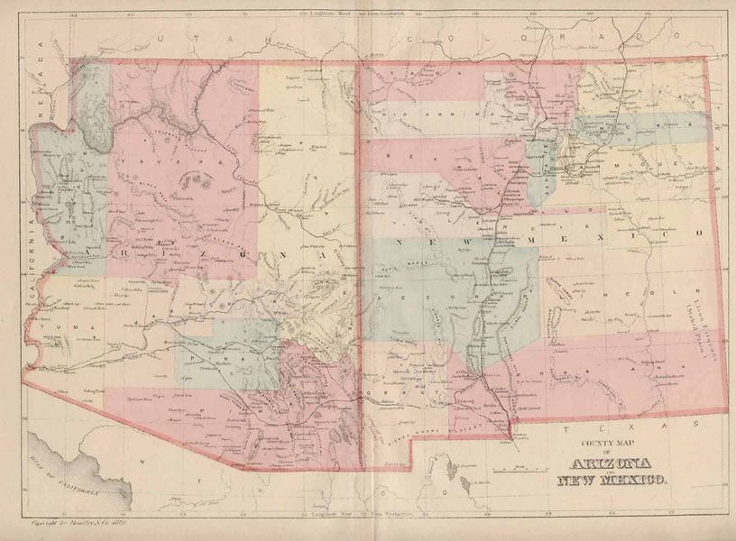 County Map Of Arizona And New Mexico, 1881 BRADLEY & COMPANY