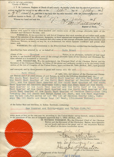 Land Allotment Patent, Sealed And Signed In 1905 By The Principal Chief Of The Choctaw Nation And The Governor Of The Chickasaw Nation STATE OF OKLAHOMA