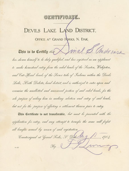 1904 Devils Lake Land District Certificate For An Applicant To Make Homestead Entry From The Ceded Lands Of The Sisseton, Wahpeton, And Cut-Head Band Of The Sioux Tribe Of Indians Within The Devils Lake, North Dakota, Land District UNKNOWN