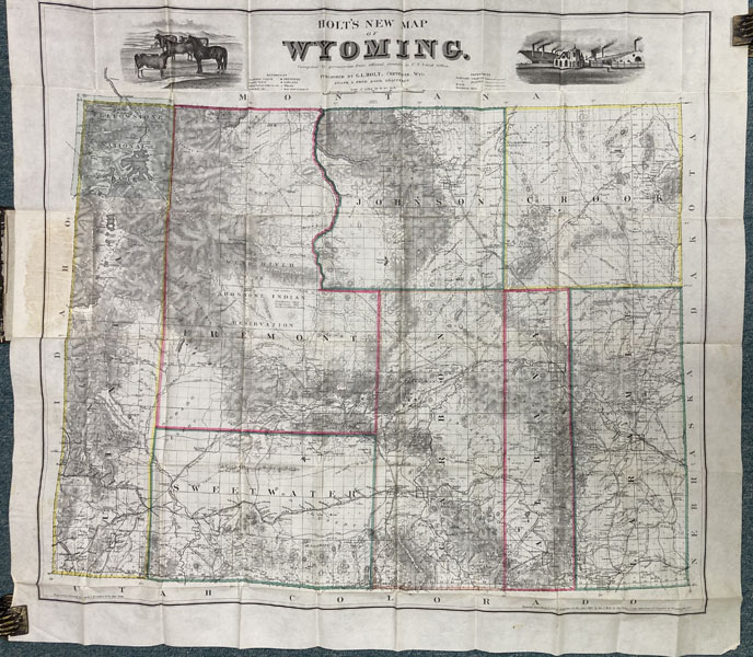 Holt's New Map Of Wyoming. Compiled By Permission From Official Records In The United States Land Office. The Only Reliable And Accurate Map Of Wyoming Ever Published, Showing All The Streams, Roads, Trails, Ranches, Grazing Grounds, Copper, Silver And Coal Mines; Soda Lakes And Oil Springs. The Mineral Locations On This Map Were Located From Official Survey By Prof. G. E. Bailey, Territorial Geologist, Cheyenne, Wyoming GEORGE L. HOLT