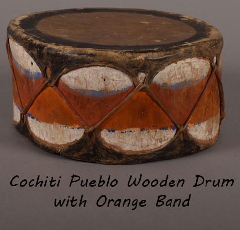 Cochiti Pueblo Painted Wooden Drum With Orange Band UNKNOWN MAKER