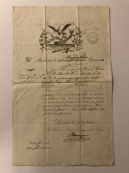 Printed Document Issued To D. Santiago F. B. Marshall For His Travel To The United States 