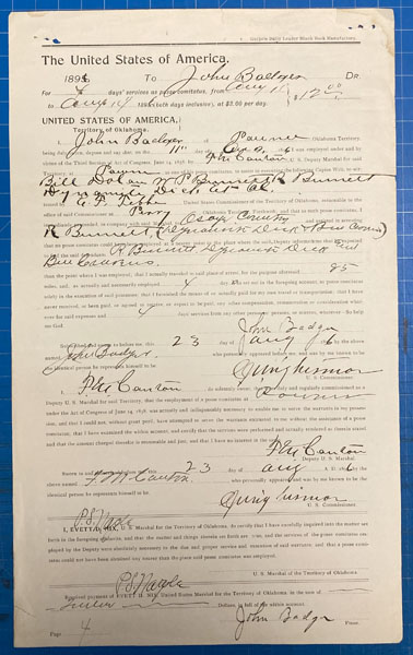 Expenses Claim For Posse Member, John Badger, While Chasing Bill Doolin And "Dynamite Dick" Clifton In Pawnee, Oklahoma Territory, August 23, 1896, And Signed By Frank Canton 