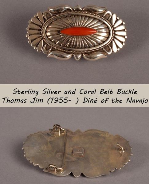 Sterling Silver And Coral Belt Buckle. Coral And Silver Belt Buckle Of The Navajo Nation. Thomas Jim's Master Work JIM, THOMAS [ARTISAN]