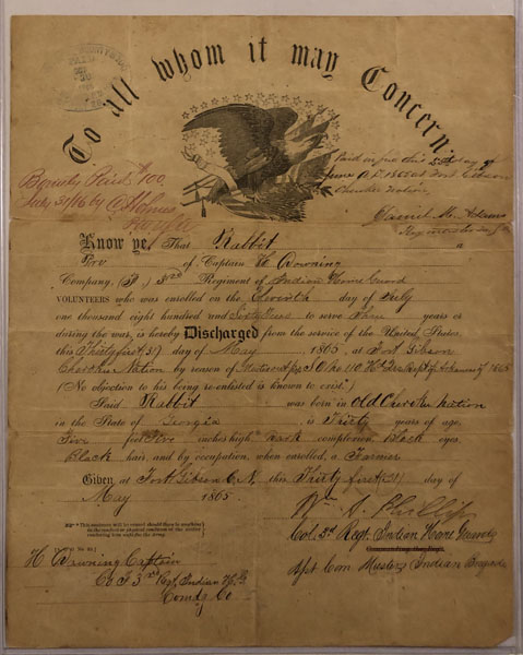 Discharge Document For A Cherokee Indian Named Rabbit, Signed By Wm. A. Phillips, Col. 3rd Regt. Indian Home Guards. COL WM. A. PHILLIPS