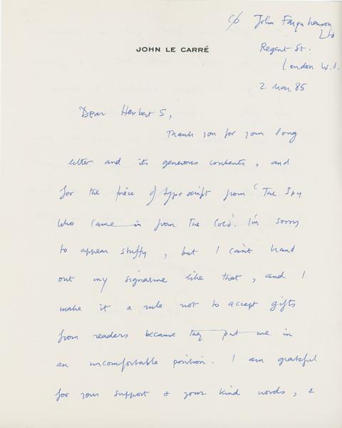 John Le Carre  Signed Letter On His Personal Stationery JOHN LE CARRE