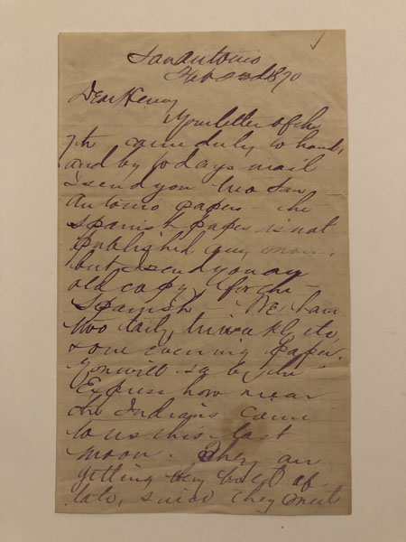 Autographed Letter Dated February 23, 1870. San Antonio, Texas - Indian Problems HARRISON