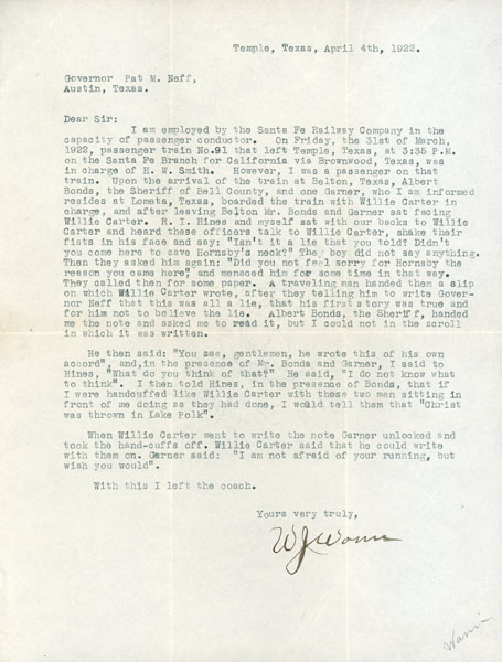 Execution Of George Hornsby, 1922 - Typed Letter Signed, To Governor Neff Regarding A Texas Sheriff Obtaining Evidence Under Duress WANN, WILLIAM J. [LETTER WRITER]