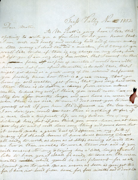 Charles E. Alexander Letter Written To His Mother In Newburyport, Massachusetts. Letter Written November 12, 1852 CHARLES E. ALEXANDER