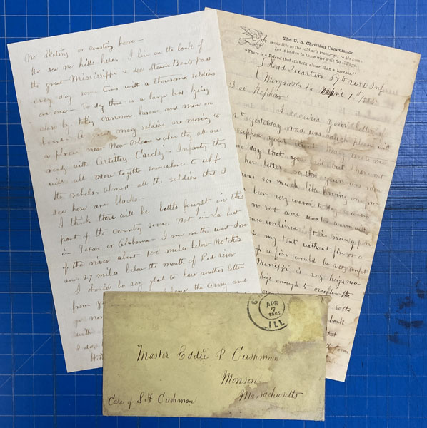 A Pair Of Letters From The Union Surgeon To Mr. Edward (Eddie) Cushman Of Monson, Massachusetts Regarding The Arrival Of More Black Soldiers And The Threat Of Rebel Ironclads JORDAN, JOSIAH [A UNION SURGEON]