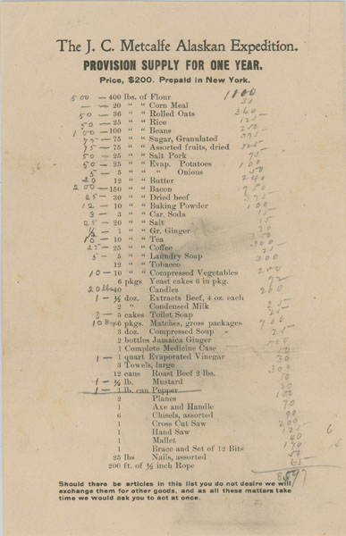 The J. C. Metcalfe Alaskan Expedition. Provision Supply For One Year. Price, $200. Prepaid In New York J. C. METCALFE