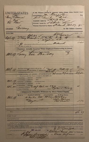 United States Arrest Warrant,  United States Vs. Perry Brewer And Ed Reed For Larceny. George P. Lawson, Deputy U. S. Marshal At Fort Smith, Arkansas, April 23, 1895, Arrest Warrant And Expense Voucher For Serving The Warrant DEPUTY U. S. MARSHAL GEORGE P. LAWSON