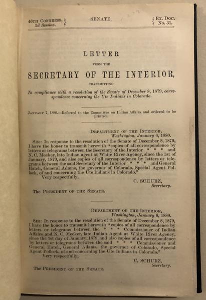 Letter From The Secretary Of The Interior, Transmitting...Correspondence Concerning The Ute Indians In Colorado. C.-SECRETARY OF INTERIOR SCHURZ